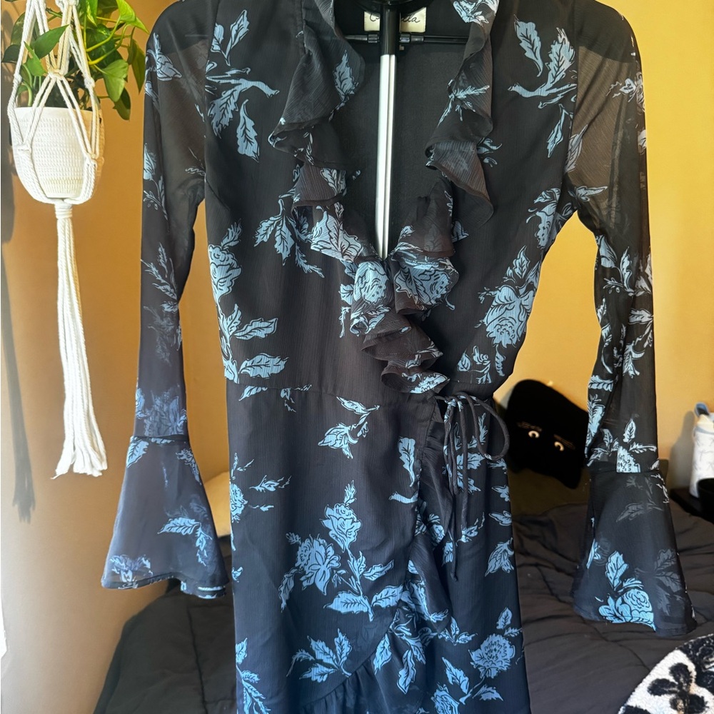Floral Ruffle Wrap Dress - Black and Blue